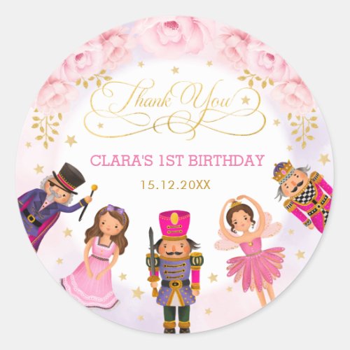 Nutcracker Ballerina Birthday Blush Gold Floral Classic Round Sticker