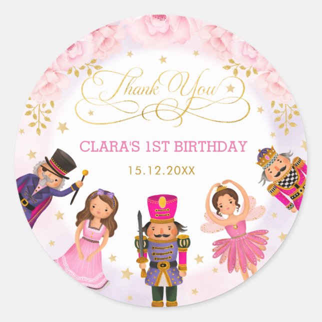 Nutcracker Ballerina Birthday Blush Gold Floral Classic Round Sticker (Front)