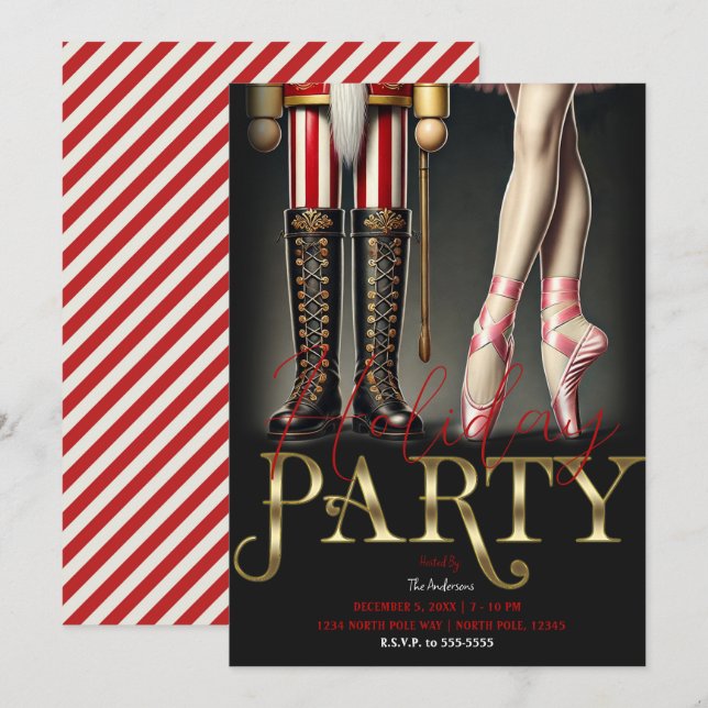 Nutcracker & Ballerina Black Gold Holiday Party Invitation (Front/Back)