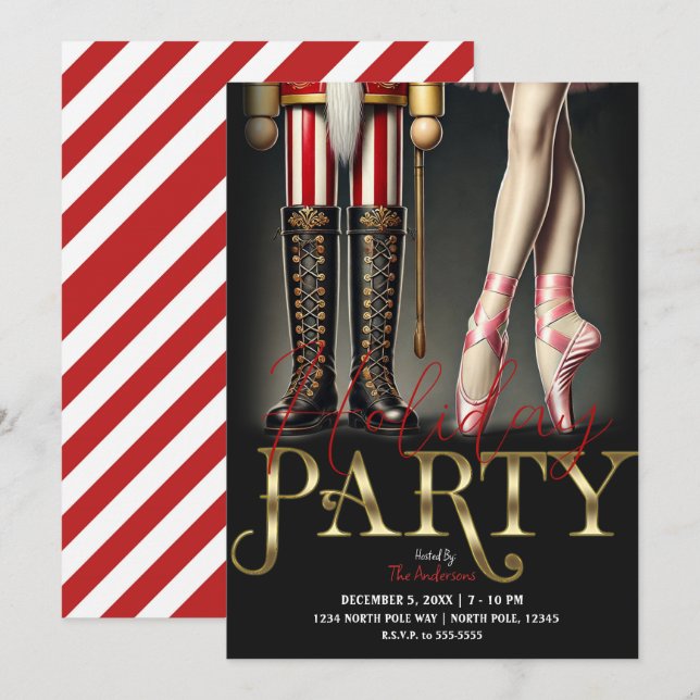 Nutcracker & Ballerina Black Gold Holiday Party Invitation (Front/Back)