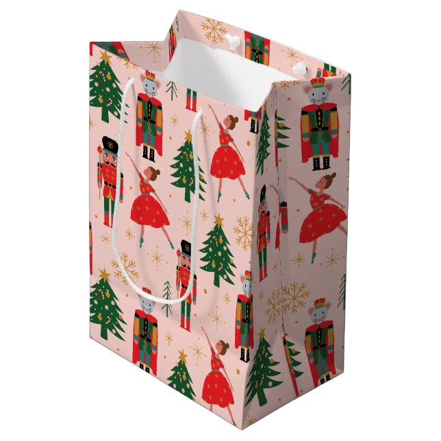 Nutcracker & Ballerina Cute Pink Christmas Medium Gift Bag (Front Angled)