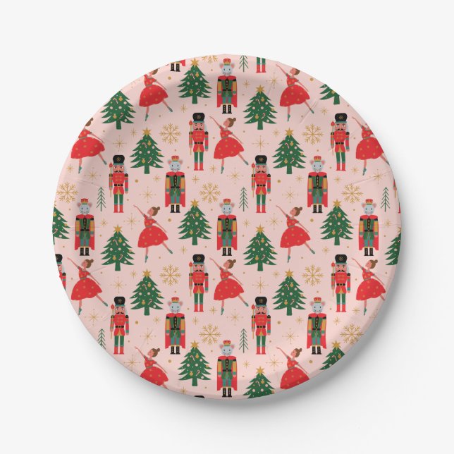 Nutcracker & Ballerina Cute Pink Christmas Paper Plates (Front)