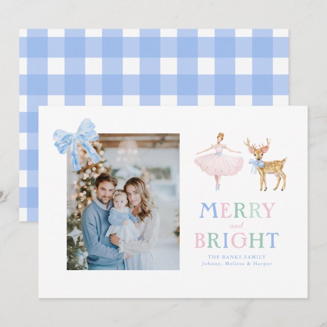 Nutcracker ballerina reindeer bows gingham holiday card (Front/Back)
