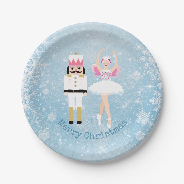 Nutcracker, ballerina, snowflakes Christmas Paper Plates (Front)