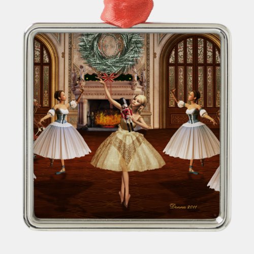 Nutcracker Ballerinas Silver Premium Square Metal Ornament