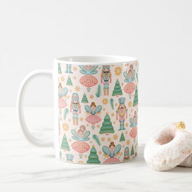 Nutcracker Ballet and Fairies on Cream Background Coffee Mug (With Donut)
