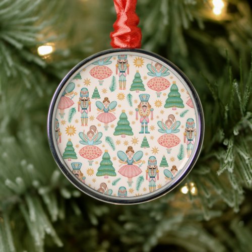 Nutcracker Ballet and Fairies on Cream Background Metal Ornament