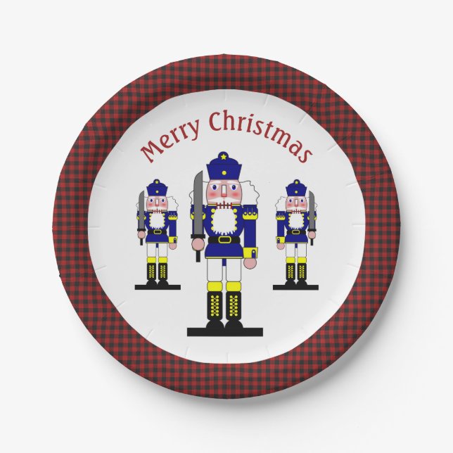 Nutcracker Ballet Christmas Soldier Buffalo Plaid  Paper Plates (Front)