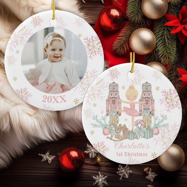 Nutcracker Ballet Pink 1st Christmas Baby Photo Ceramic Ornament (Creator Uploaded)