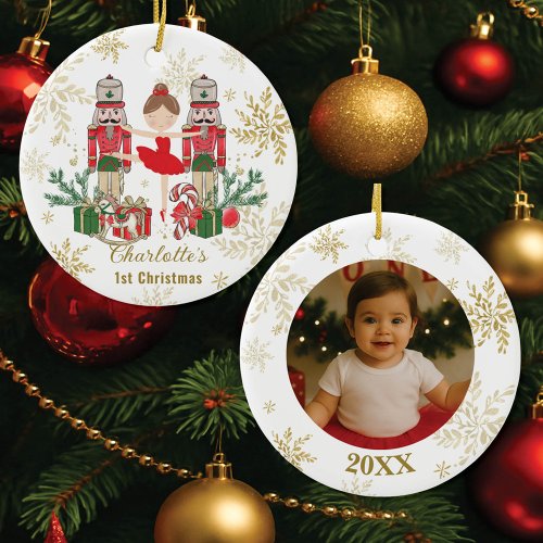 Nutcracker Ballet Red 1st Christmas Baby Photo Ceramic Ornament