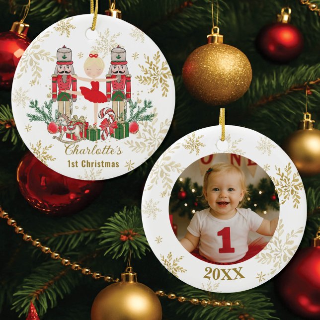 Nutcracker Ballet Red 1st Christmas Baby Photo Ceramic Ornament (Creator Uploaded)