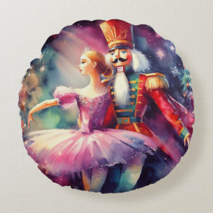 Nutcracker Ballet Watercolor Christmas Ballerina Round Pillow