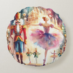 Nutcracker Ballet Watercolor Christmas Ballerina Round Pillow