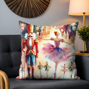 Nutcracker Ballet Watercolor Christmas Ballerina Throw Pillow
