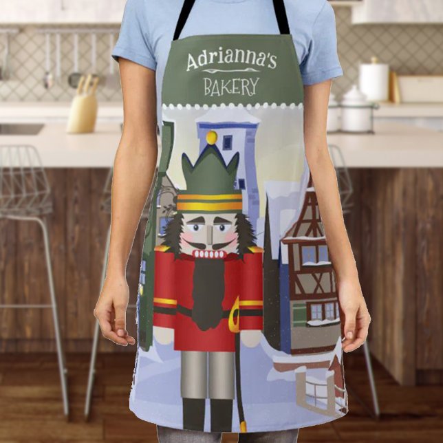 Nutcracker, Bavarian German Personalized Green Apron (Green Christmas apron, personalized bakery gift, kitchen apron with name and red nutcracker)