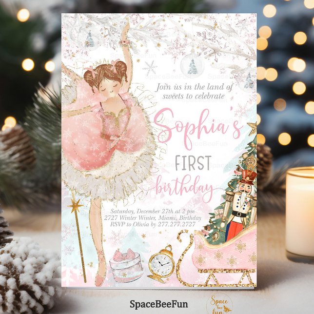 Nutcracker Birthday Ballerina  Invitation (Nutcracker birthday invitation, ballerina birthday party, nutcracker theme party, pink ballet invita)
