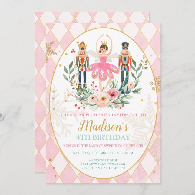 Nutcracker Birthday Girl Ballet Girl Suger Plum Invitation (Front/Back)