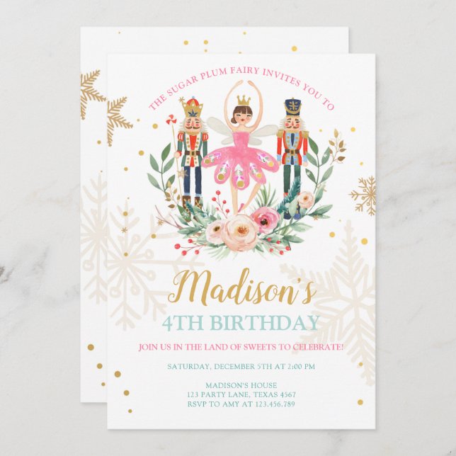 Nutcracker Birthday Girl Ballet Girl Suger Plum Invitation (Front/Back)