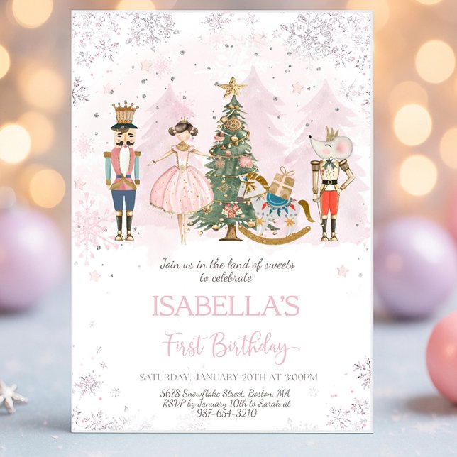 Nutcracker Birthday  Sugar Plum Pink  Invitation (Nutcracker Land of Sweets pink fairy birthday invitation with pastel ballet design)