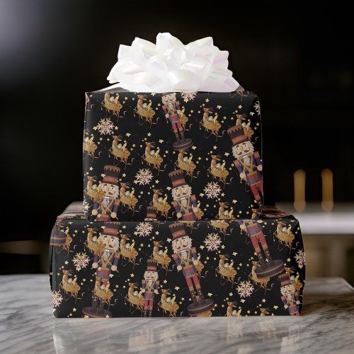   Nutcracker Black Golden Snowflakes  Wrapping Paper