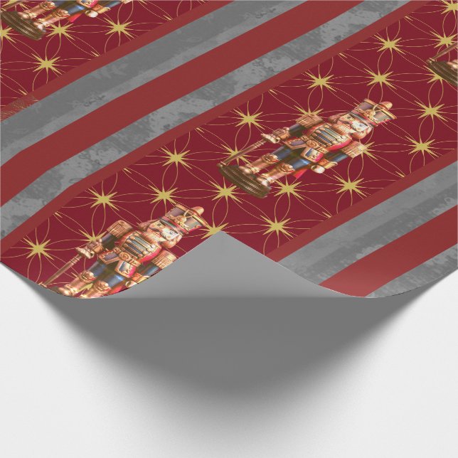   Nutcracker Burgundy Gray Striped Gold Stars Wrapping Paper (Corner)