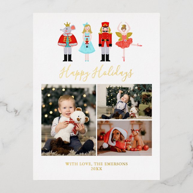 Nutcracker Characters Christmas 3 Photo Collage Foil Invitation Postcard (Front)