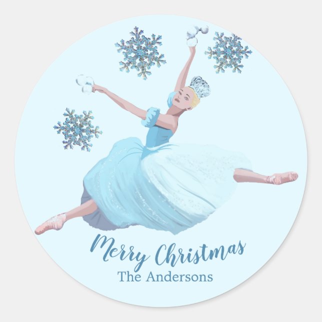 Nutcracker Christmas Ballerina Snowflakes Classic Round Sticker (Front)