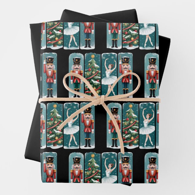 Nutcracker Christmas Ballet Holiday Scene Wrapping Paper Sheets (In situ)