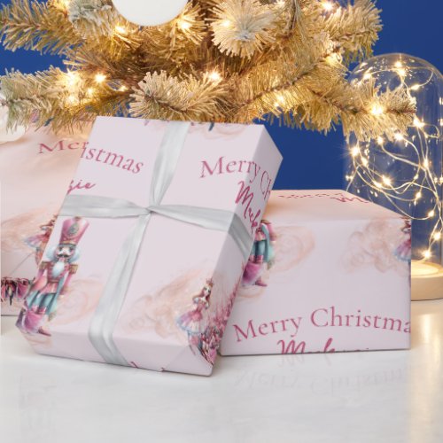 Nutcracker Christmas Custom Name on Soft Pink Wrapping Paper