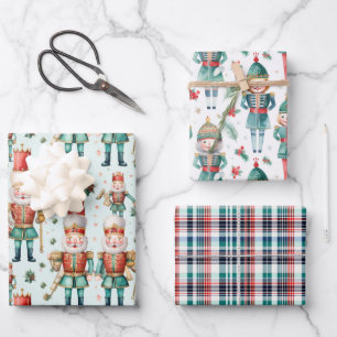 Nutcracker Christmas Greenery & Plaid Wrapping Paper Sheets