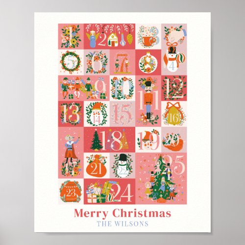 Nutcracker Christmas Holiday Pink Advent Calendar Poster