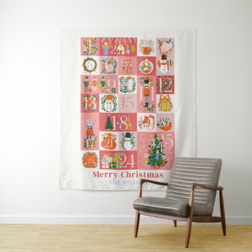 Nutcracker Christmas Holiday Pink Advent Calendar Tapestry