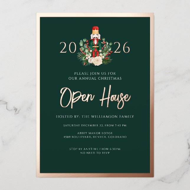 Nutcracker Christmas Open House Script Foil Invitation (Front)