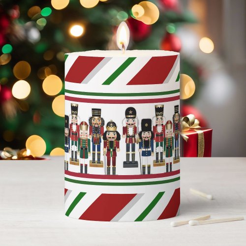 Nutcracker Christmas Red Green Festive Stripe Pillar Candle