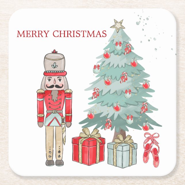 Nutcracker, Christmas tree & presents Square Paper Coaster (Front)