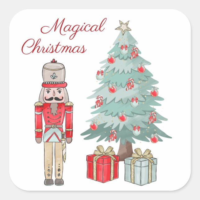 Nutcracker, Christmas tree & presents Square Sticker (Front)