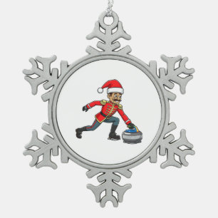 Nutcracker Curling Player Holiday Winter Sports Snowflake Pewter Christmas Ornament