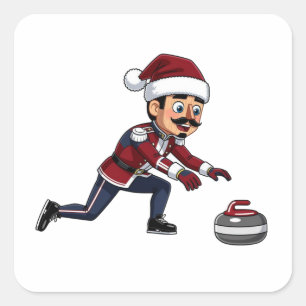 Nutcracker Curling Player Holiday Winter Sports Square Sticker