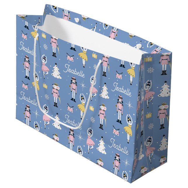 Nutcracker Custom Name Blue Christmas Large Gift Bag (Front Angled)
