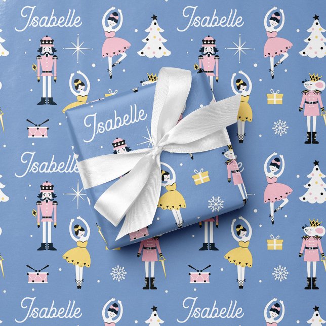 Nutcracker Custom Name Blue Christmas Wrapping Paper Sheets (Creator Uploaded)