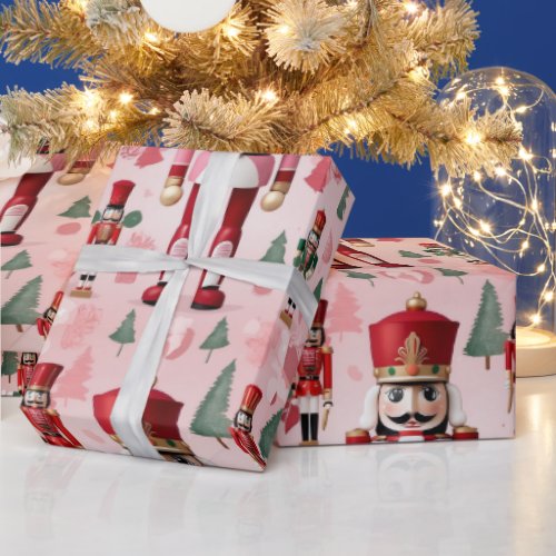Nutcracker Cute Pink Green Red Christmas Wrapping Paper