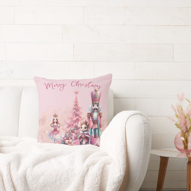 Nutcracker Fairy Tale Christmas on Pink Throw Pillow (Couch)