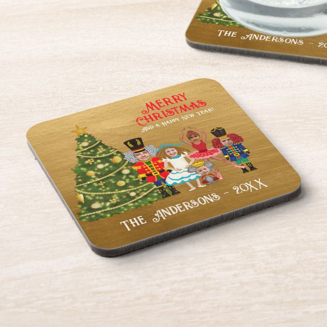 Nutcracker Family of Five Funny Merry Christmas  Beverage Coaster (Left Side)