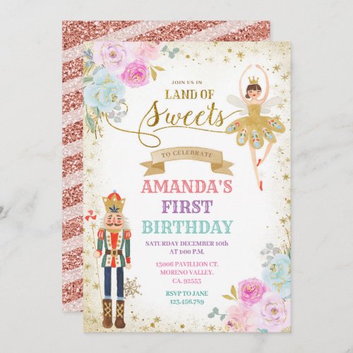 Nutcracker Floral Gold Snowflakes Winter Birthday  Invitation