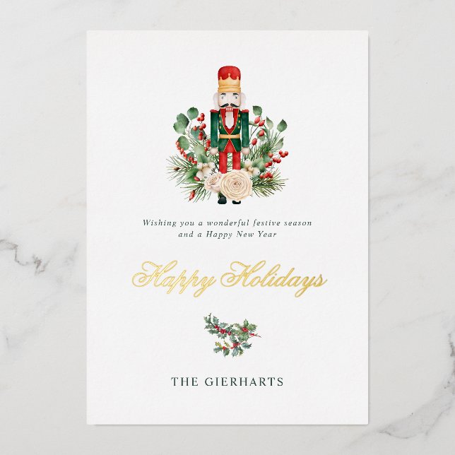 Nutcracker Foliage Family Christmas Holidays Gold Foil Holiday Card (Front)
