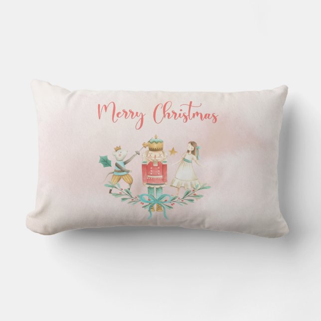 Nutcracker Girl Christmas Kids Pink Watercolor Lumbar Pillow (Front)