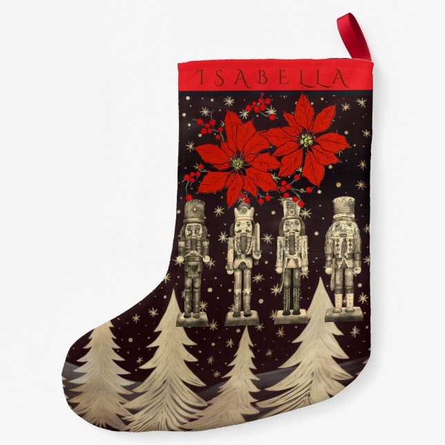  Nutcracker Golden Christmas Trees Poinsettia Small Christmas Stocking (Back)