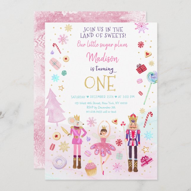 Nutcracker Land of Sweets Winter First Birthday Invitation (Front/Back)