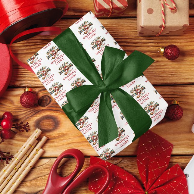 Nutcracker Merry Christmas Red Retro Typography Wrapping Paper (Creator Uploaded)