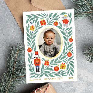 Nutcracker Mouse Christmas Baby Photo Foil Holiday Card
